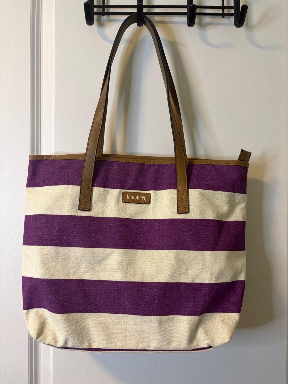 Jamberry Purple & Cream Striped Canvas Tote with Brown Trim